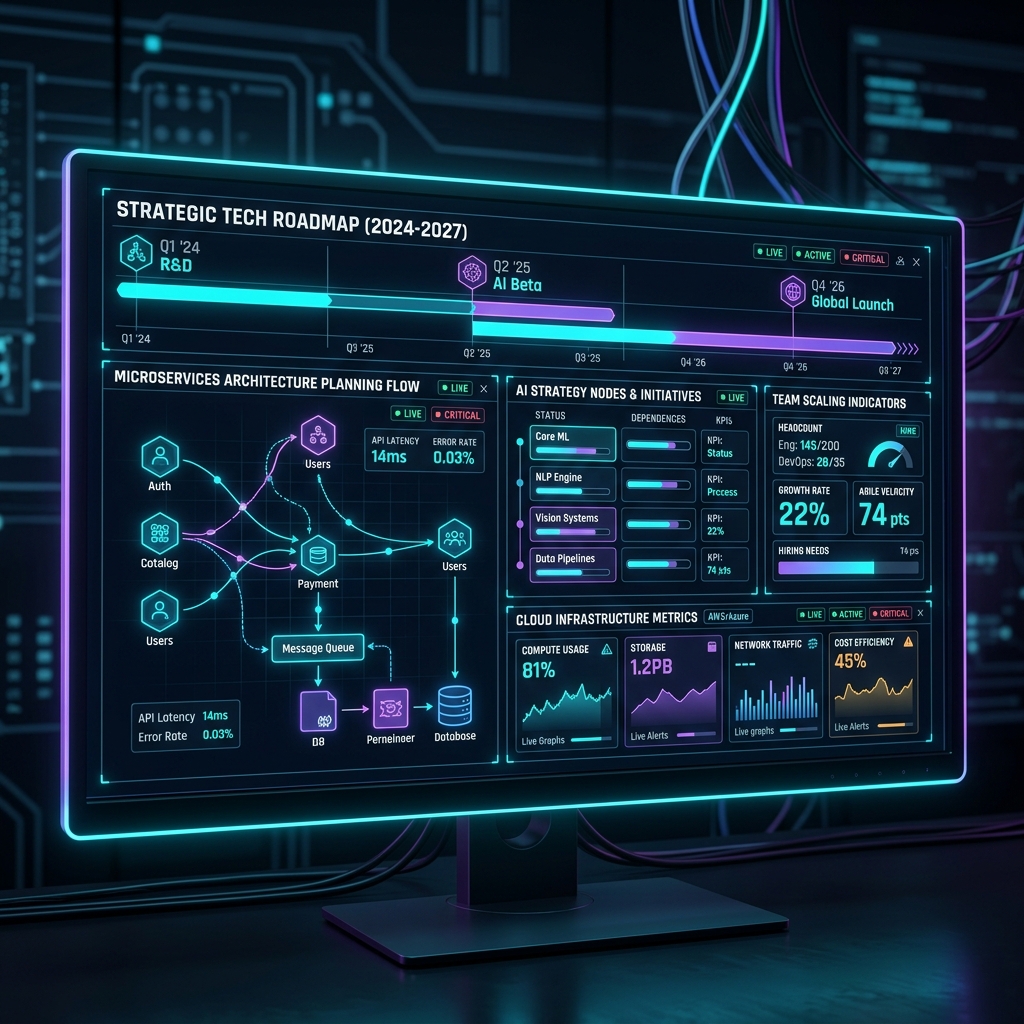 Strategic Technology Dashboard showing Technology Roadmap, Architecture Planning, AI Strategy, and Infrastructure metrics